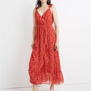 Madewell Ruffle-Strap Wrap Dress in Metallic-Striped Prairie Posies Red size 4